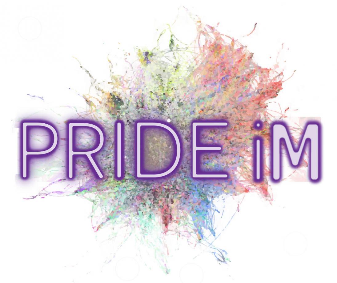 PRIDE iM in purple font against colorful splash background